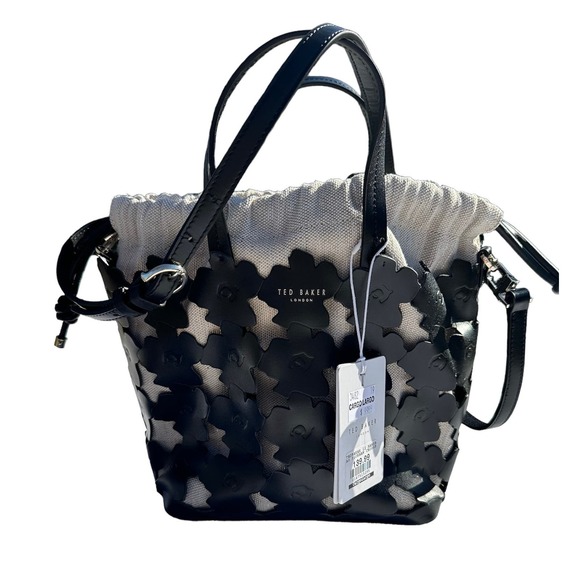 NWT Ted Baker Black Florean Flower Laster Cut Detail Leather & Canvas Tote - Picture 2 of 6